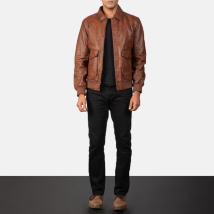 Brown Leather Bomber Jacket